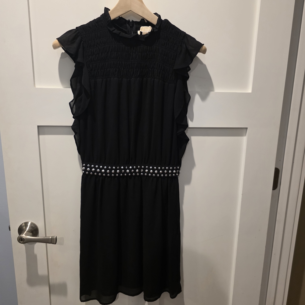 Michael Kors Dress Women’s Silver Stud Waist Pockets Ruffle Sleeveless Black XS